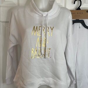 RAE DUNN 2 PIECE SWEATSHIRT & PANT WHITE & GOLD MERRY AND BRIGHT PRINT SZ SMALL